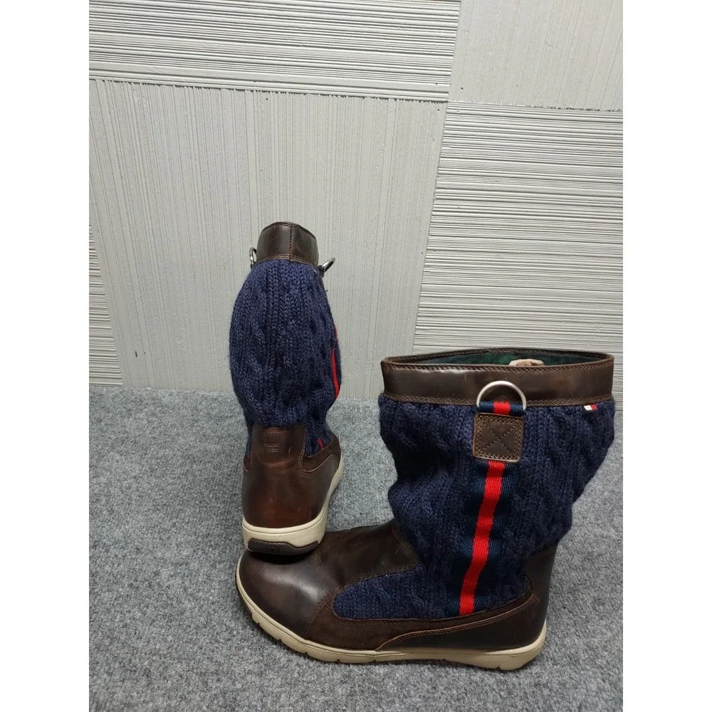 Tommy Hilfiger Men Sweater Boots 8.5M Navy Cable Knit Brown Leather Trim Outdoor